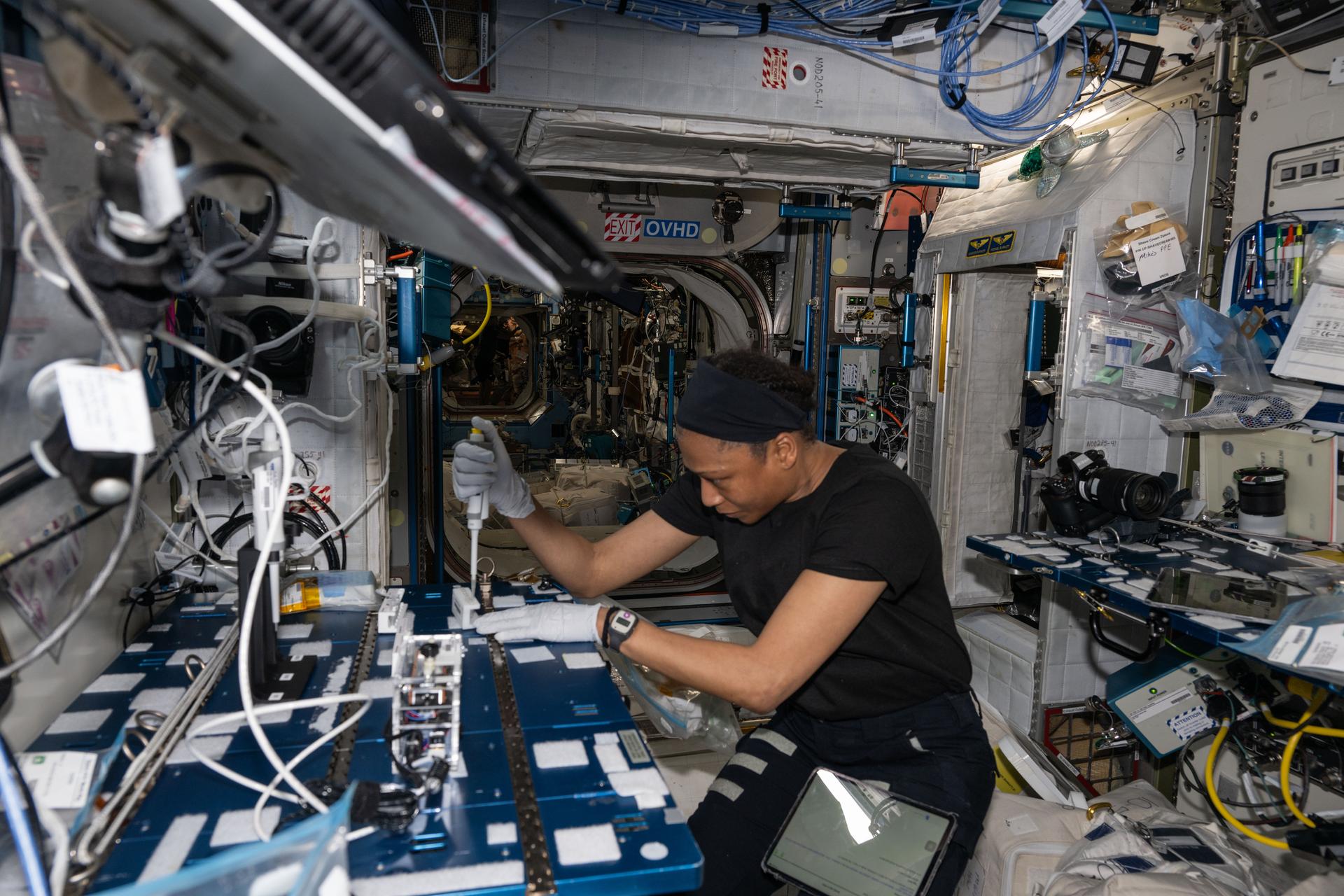 Astronaut Jeanette Epps is shown squeezing a pipette into bacteria samples onboard the International Space Station.