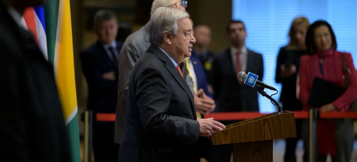 UN Secretary-General António Guterres briefs the media about the UN80 Initiative.