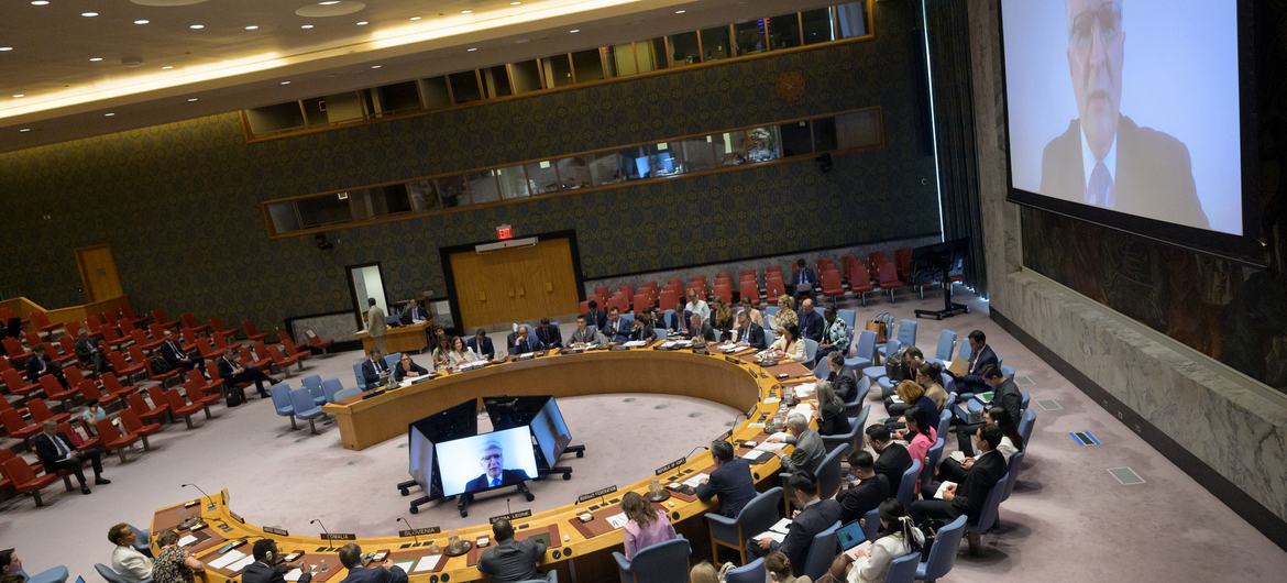 ASG Miroslav Jenča (on screen) briefs the Security Council meeting on the maintenance of peace and security of Ukraine. ASG Miroslav Jenča (on screen) briefs the Security Council meeting on the maintenance of peace and security of Ukraine.