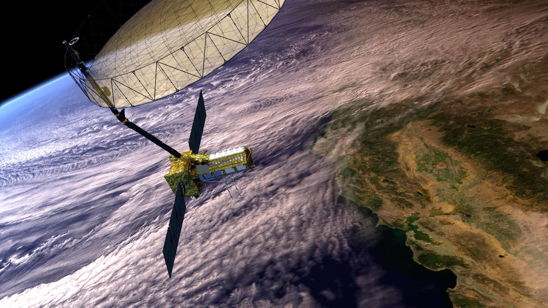 A satellite with gold metallic accents orbits the cloudy Earth.