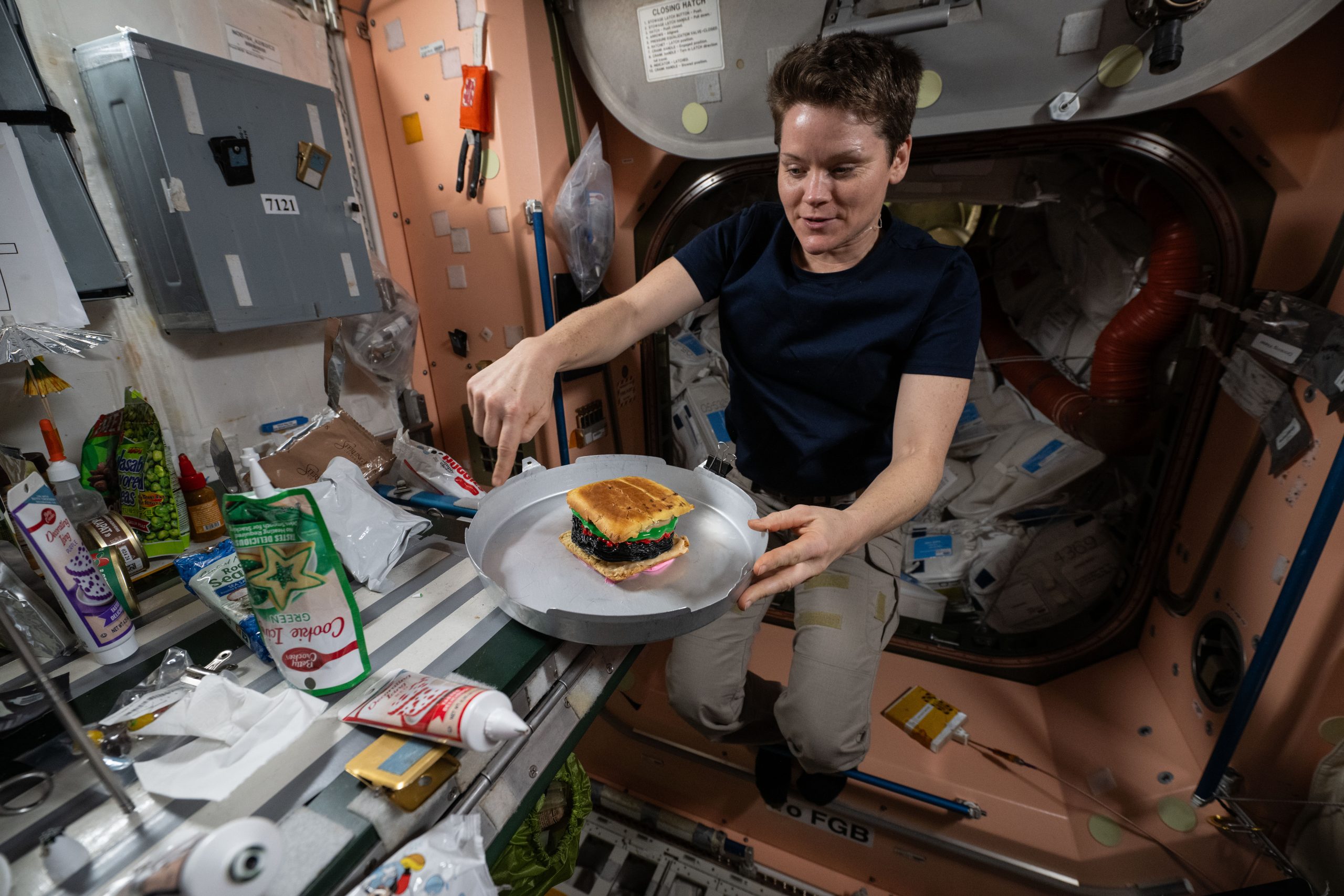 Anne McClain, a white woman with short brown hair, floats while pointing downward with her right hand. Her left hand holds something that looks almost like a cake tin in place. There is a hamburger-shaped cake in the "cake tin." There are dessert ingredients on the surface to the left.