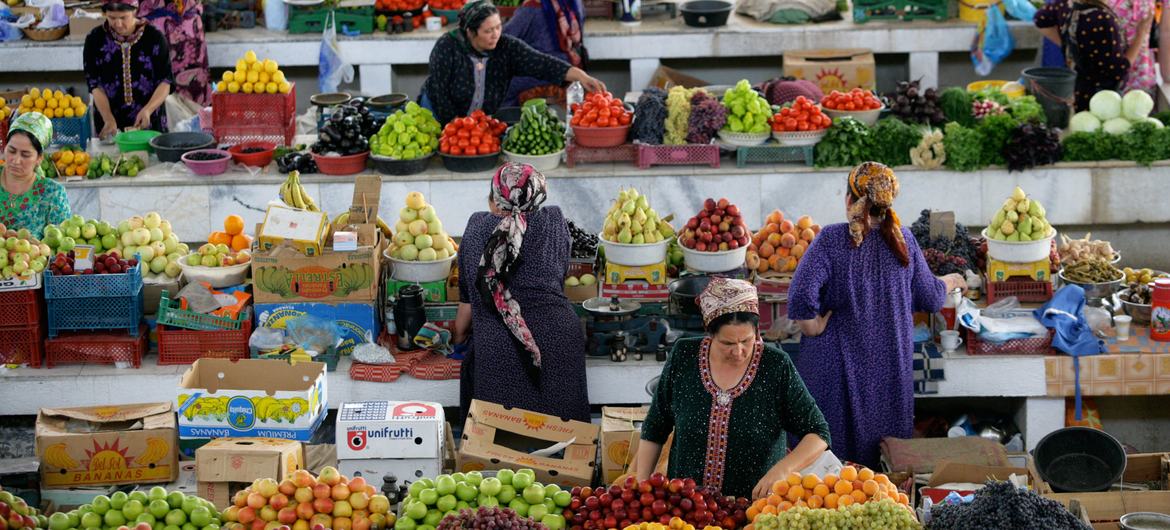 Women shop at a vegetable market in Ashgabat, the capital of Turkmenistan. Boosting food security is one of the priority areas of the Awaza Programme of Action.