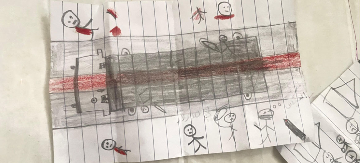 A drawing depicts people dying as they try to access food from a truck in Gaza. A drawing depicts people dying as they try to access food from a truck in Gaza.