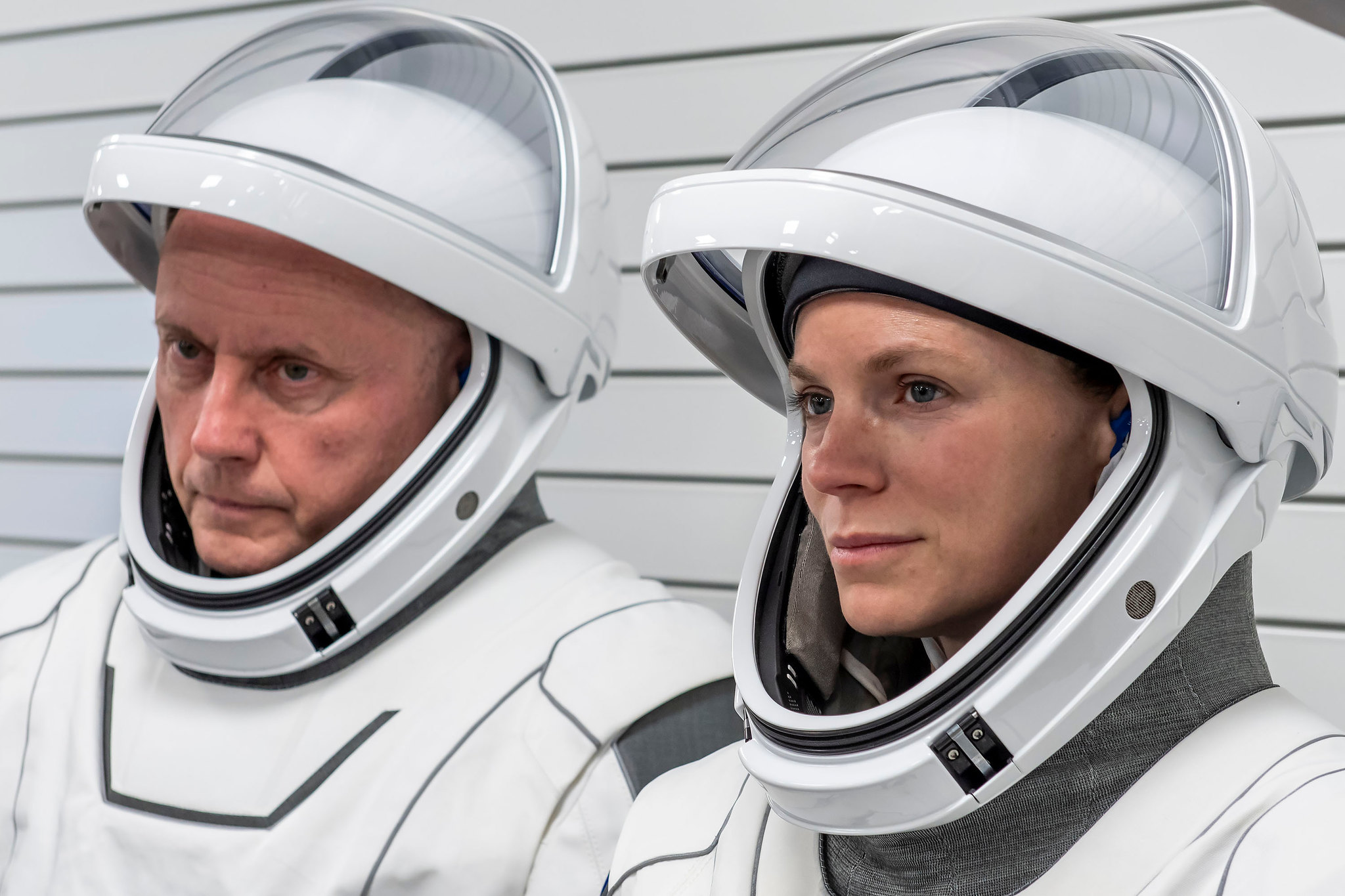 NASA astronauts Mike Fincke (left) and Zena Cardman photographed during training for their trip to the International Space Station at SpaceX facilities in Florida.