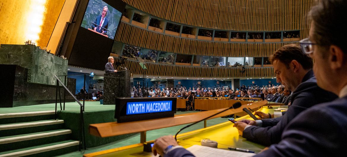 Delegates listen to the Secretary-General addressing the 78th session of the General Assembly. Delegates listen to the Secretary-General addressing the 78th session of the General Assembly.
