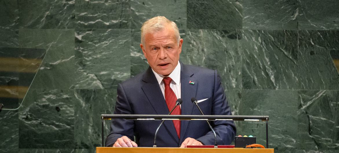 King Abdullah II ibn Al Hussein of the Hashemite Kingdom of Jordan addresses the general debate of the General Assembly’s 80th session. King Abdullah II ibn Al Hussein of the Hashemite Kingdom of Jordan addresses the general debate of the General Assembly’s 80th session.