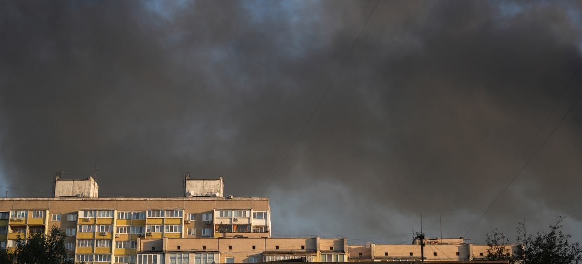 Thick black smoke fills the sky above residential buildings in Kyiv after a drone strike set fire to a nine-storey block in the neighbourhood.