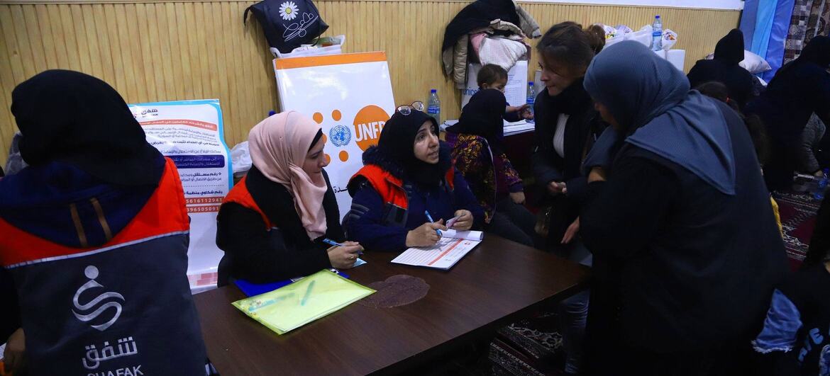 Women and girls in northern Syria receiving reproductive health services from UNFPA mobile health teams, including psychosocial counselling and dignity kits.