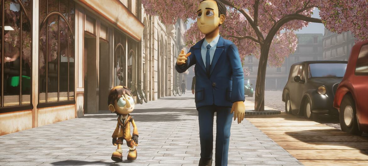An animated scene depicting two characters walking on a city sidewalk lined with cherry blossom trees. One is a tall man in a blue suit, and the other is a small boy in a brown outfit.