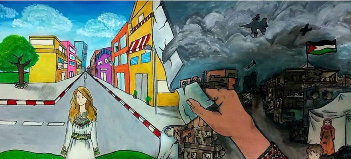 A powerful drawing by a Palestinian child depicts a contrast between a vibrant, hopeful future with schools, trees, and clean streets and a devastated present with rubble, warplanes, and a flag. The child's hand holds a piece of the destroyed world, symbolizing a plea for their childhood to be restored.