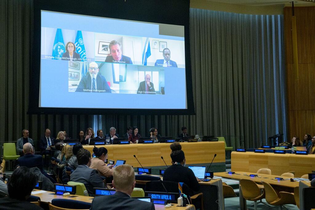 Tom Fletcher, Under-Secretary-General for Humanitarian Affairs and Emergency Relief Coordinator, addresses an informal UN General Assembly plenary meeting via video conference to discuss the UN80 Initiative.