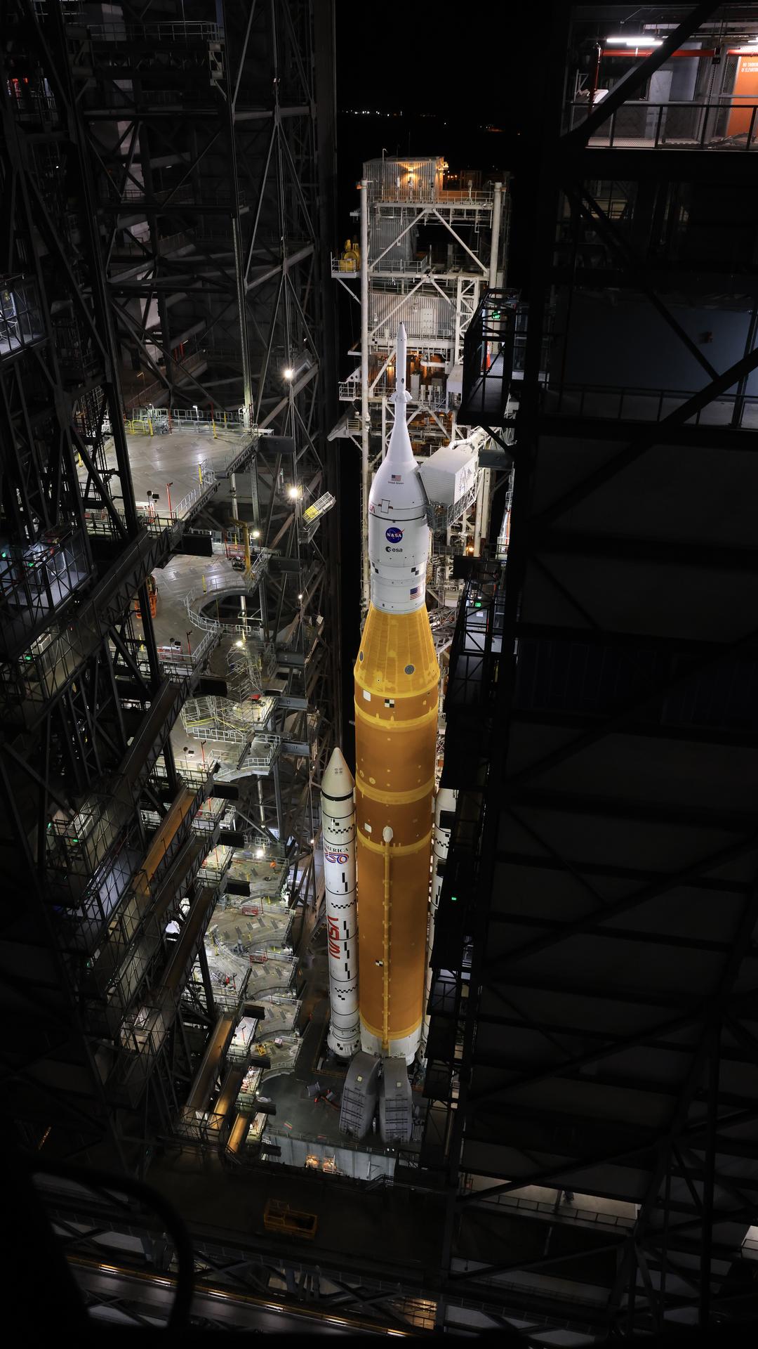Image shows the inside the Vehicle Assembly Building at NASA's Kennedy Space Center in Florida on Wednesday, Feb. 25, 2026, with NASA's Space Launch System rocket with Orion's spacecraft atop for NASA's Artemis II mission.