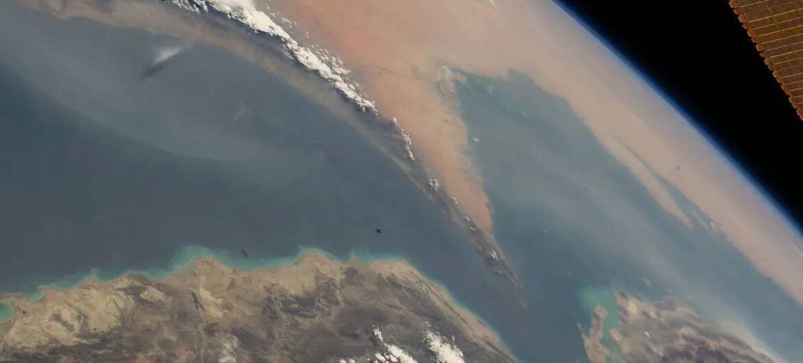 Satellite view of the Strait of Hormuz, connecting the Gulf of Oman to the Persian Gulf, separating Iran from Oman, UAE, and Qatar.
