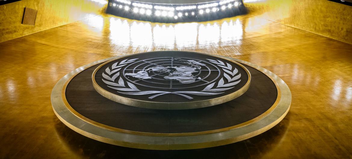 The UN crest is pictured in the General Assembly Hall.