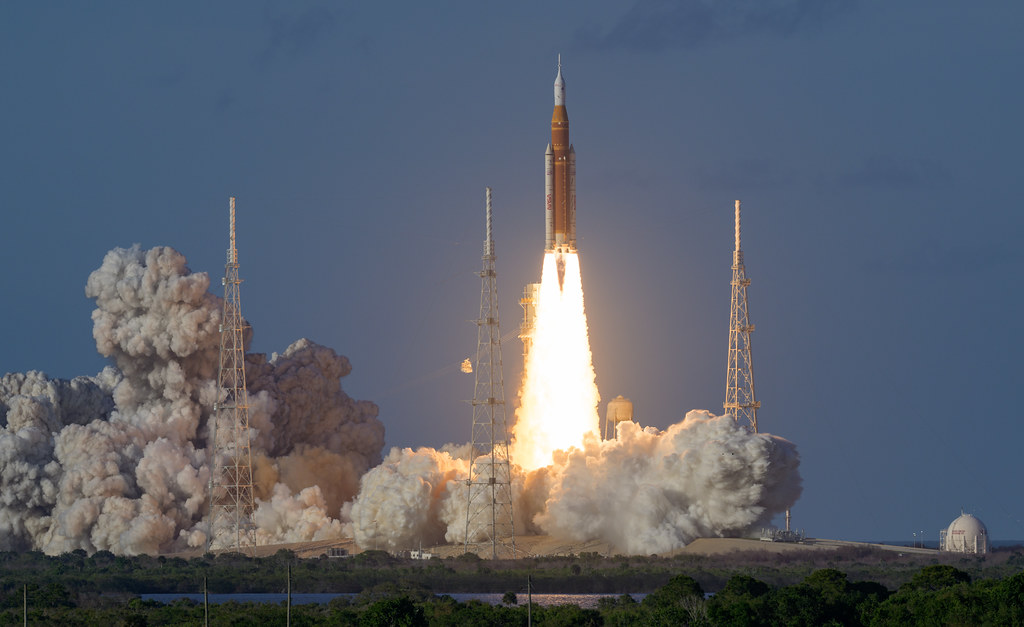 The SLS (Space Launch System) launches with the Artemis II crew aboard the Orion spacecraft on April 1, 2026 at NASA's Kennedy Space Center in Florida.